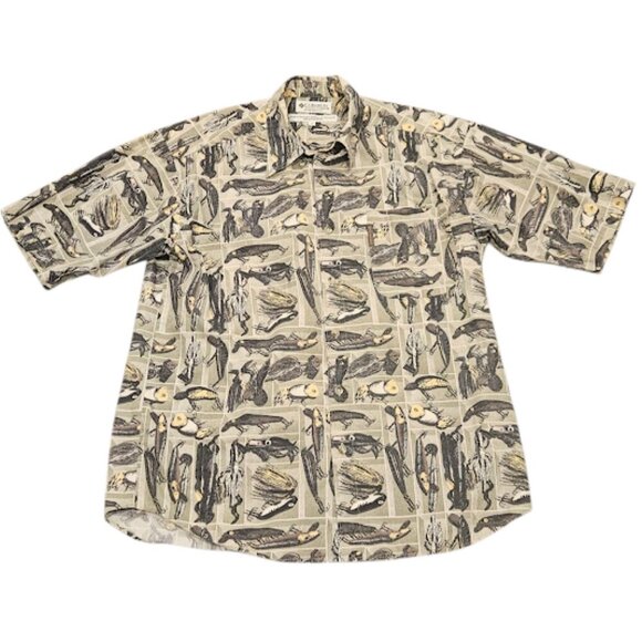 Columbia Shirt Vintage Men Medium Retro Fish Hook Pattern Short Sleeve Button Up - Picture 1 of 7